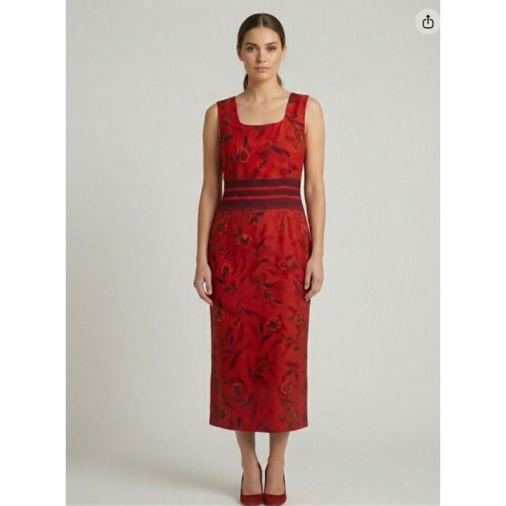 Women's Red Floral Worthington Sleeveless Midi Dress Sheer Elegant. Size 14